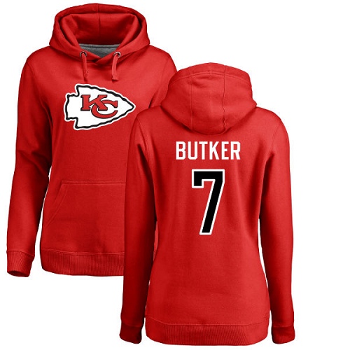 Women Football Kansas City Chiefs #7 Butker Harrison Red Name and Number Logo Pullover Hoodie->nfl t-shirts->Sports Accessory